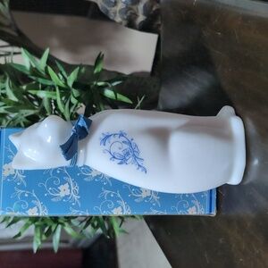 White Ceramic Cat Figurine with Blue Accents